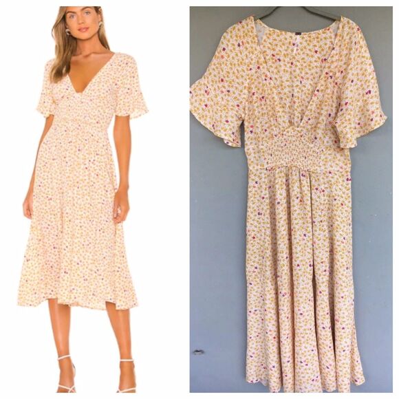 Free People Full Bloom Dress XS Floral Smocked Midi V-Neck Boho Cottage - Picture 2 of 16